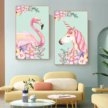 Flamingo Ükssarvik Ja Värvikas Lillede Watercolored Loomade Plakat Roosa Lõuendile Maali Prindib Põhjamaade Kodu Dekoratiivse Seina Pilt