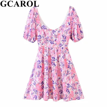 GCAROL Summer V Neck Floral Mini Dress Back Hollow Out Sexy Slim Pink Dress Puff Sleeve High Waist Sweet Dress