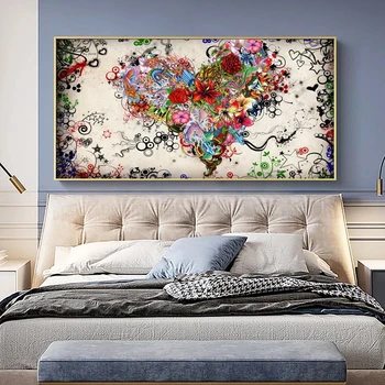 Graffiti moodsa kunsti lõuend maal abstraktne värviline süda lille pildid seinamaalinguid ja plakatid frameless maalid kodu kaunistamiseks