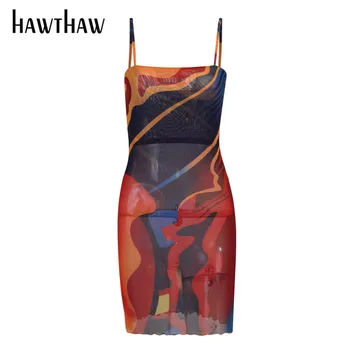 Hawthaw Naiste Suvine Varrukateta Trükitud Silmadega Näha Läbi Bodycon Pakett Hip Mini Kleit Sundress 2021 Naiste Riided Streetwear