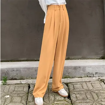 HziriP Õhuke Stiilne Kevad Stiilne Tahke Lai Jalg Püksid Suurus 2021 Korea Naised Lühike Kõik Mängu Streetwear Office Lady Püksid