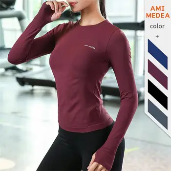 Jooga treening riided naiste pikkade varrukatega sport tops on õhuke, töötab kiiresti kuivav t-särgid tihedalt liibuvad net punane jooga riided