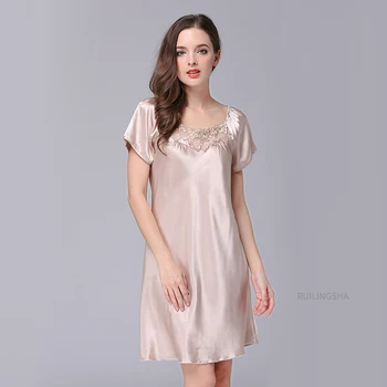 Kevadel Silk Satin Nightgowns Sleepshirts Seksikas Pluss Suurus Ümber Kaela Pijamas Naiste Suvel Pits Tikand Homewear Magab Tops