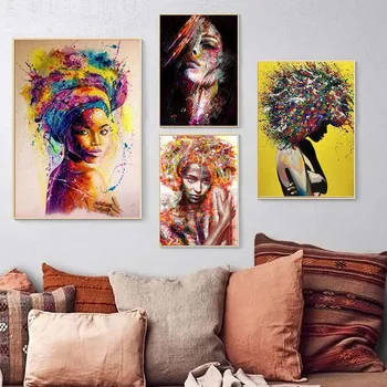 Kokkuvõte Aafrika Tüdruk Seina Art Lõuend Plakatid Graffiti Art Plakatid Ja Pildid Naise Portree Wall Street Art Pictures Home Decor