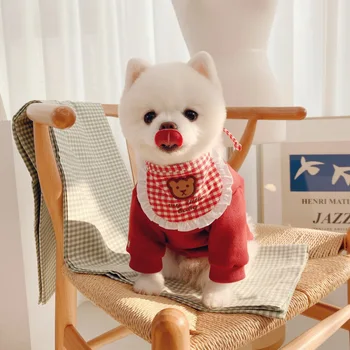Korea armas punane ja sinine ruuduline karu tikand koera trakside pet rinnatüki sülg rätik Bichon Hiromi rinnatüki