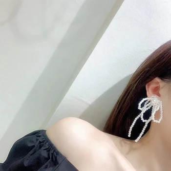 Korea Jaapan Liialdatud Elegantne Pearl Helmed Bowknot Tutt Tilk Kõrvarõngad Naiste Mood Pikk Pulm Brincos Ehted
