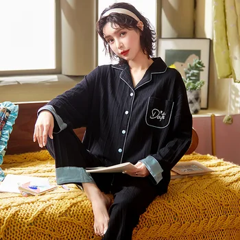 Korea Jaapani Sügisel Pidžaama Õhuke Kaste Kleit Cartoon Trükitud Schlafanzug Puuvill Keera Krae Sleepwear Komplekt Naistele