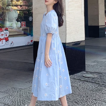 Korea Valge Lill Suvine Kleit Naiste 2021 Vintage Puhvis Varrukad Elegantne Pikk Kleit Partry Lahti Pluss Suurus Kleidid Vestidos 14415