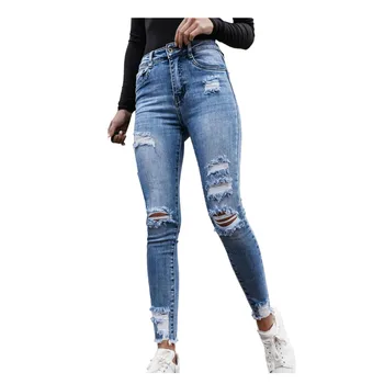 Kõrge waisted naiste teksad, augustatud venitada slim püksid, 2021 uus suur õhuke kevad Säärised джинсы для девушек SAGACE