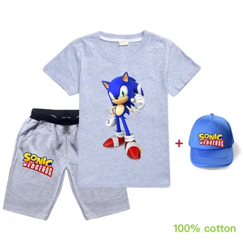 Lapsed Tüdrukud Tops Sätestatud Väikelapse Riideid Sonic Suvel Vaba aja veetmise Kolme-osaline Puuvillane Vabaaja Poiste Riided T-Särk + Lühikesed Pannid +Kork Müts