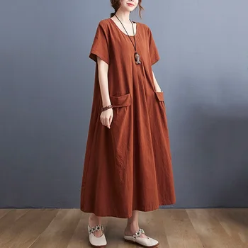 Lühikese varrukaga puuvillast voodipesu vintage kleidid naistele vabaaja lahti pikk naine suvine kleit elegantne riided 2021