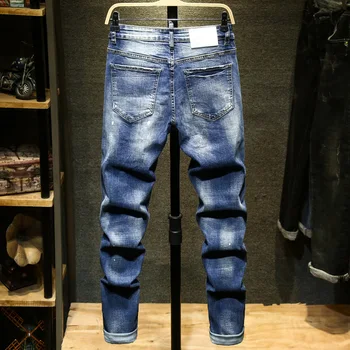 Meeste Kirjad Tikandid Värvitud Stretch Denim Teksad Streetwear Trendikas Slim Pikad Püksid Püksid