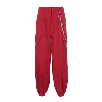 Naiste Cargo Püksid Naiste Streetwear Taskud Kett Velvetist Püksid Jogger Kottis Naiste Püksid Punane Retro Y2k Püksid 90s Harajuku