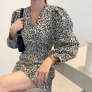 Naiste Mini Kleit Juhuslik V-Kaeluse Poole Õhtusöök Kleidid Naistele Leopard Õhuke Kleit Ruffles Puhvis Varrukad Stiilne Vintage Riided XC367