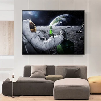 Naljakas Lõuend Maalid Astronaut Lõõgastav Kosmoses Kuu juua Õlut Seina Pilte HD Trükkida Plakateid elutuba
