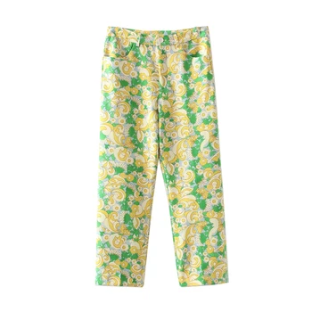 NWOMN Za 2021 Naiste Püksid Vintage Roheline Lilleline Trükitud Kõrge Vöökoht Püksid Naiste Nuppu Suvel Lai Jalg Sirge Naine Püksid