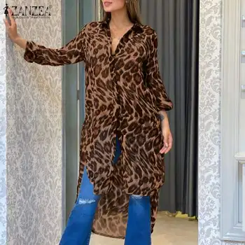 Pluss Suurus Naised on Trükitud Pluusid 2021 ZANZEA Stiilne Leopard Särgid, Vabaaja Pikad Varrukad Asümmeetriline Blusas Naine Rinnamikrofon Tuunika