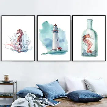 Seahorse Krabi Tuletorn Conch coral Seina Art Lõuend maali Nordic Plakatid Ja Pildid Seina Pildid elutuba Teenetemärgi