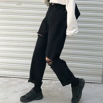 Streetwear Must Naiste Teksad Denim Auk Tõmblukk Nuppu, Taskud Lahti Pikad Vabaaja Püksid Korea Trendikas Retro Naiste Harajuku