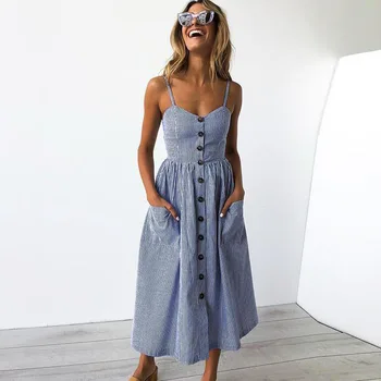 Suvel 2021 Vintage Casual Sundress Naine Beach Kleit Midi Nuppu Backless Polka Dot Triibulised Naiste Kleit Boho Seksikas Lilleline Kleit