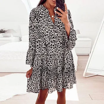 Sügisel Lahti Leopard Printida Mini Kleit 2021 Naiste Vabaaja Roosa V-kaeluse Ruffles Varruka peokleidid Naine Suvel Boho Beach Kleit