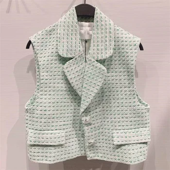 TRAF Naiste 2021 Mood Metallist Nupp Tweed Kärbitud Vest Mantel Vintage Varrukateta Klapp Taskud Naiste Vest Streetwear
