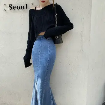 Trompet Seelikud Naiste Denim Midi Vintage Seksikas Kevadel Stiilne Retro Daamid Streetwear Populaarne korea Trendikas Naiste Alt Kõik-mängu