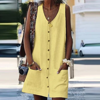 Vintage Oranž Sundress Naiste Suvine Kleit 2021 Stiilis Seksikas Kleit Mini Nuppu Taskud Tahke Beach Kleit Naine