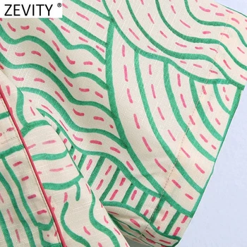 Zevity Naiste Vintage Geomeetriline Prindi Lühike Kimono Pluus Naiste Lühikesed Varrukad Vabaaja Tasku Särk Stiilne Vaba aja veetmise Blusas Tops LS9497