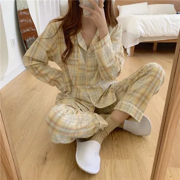3 värvi kevad-sügis puuvillane pidžaama komplekt naistele sleepwear kodu riided 2-osaline komplekt ruuduline homewear särk, püksid pijamas Y226