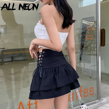 ALLNeon E-tüdruk Esteetika Lace Up Kõrge Vöökoht Ruffles Seelikud Mall Goth Y2K Segast Must Plisseeritud Seelik Suvel Põhjad Harajuku