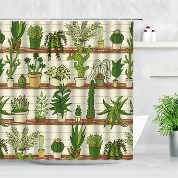 Cartoon Käsitsi Maalitud Cactus Muster Dušš Kardinad Troopiline Roheline Taim Laste Vannituba Decor Ekraanid Lapsed Vanni Kardin Komplekti