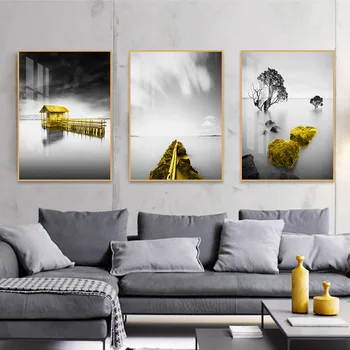 Elutuba Kaasaegse Kodu Kaunistamiseks Must Kollane Maastik Kunsti Lõuend Maali Prindib Puu Silla Seina Art Plakat Pildid