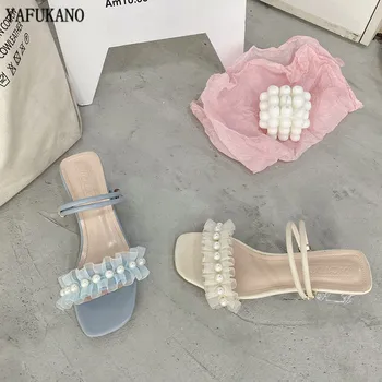 Fashion Square Crystal Kontsad Pearl Naiste Sandaalid 2020 Pits Ruffles String Rant Kõrged Kontsad Avatud Varvas Haldjas Stiilis Naiste Sussid