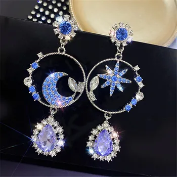 FYUAN Star Moon Blue Crystal Tolknema Kõrvarõngad Naistele Vee Tilk Kõrvarõngad Pulmad Isiku Avalduse Ehted Kingitused