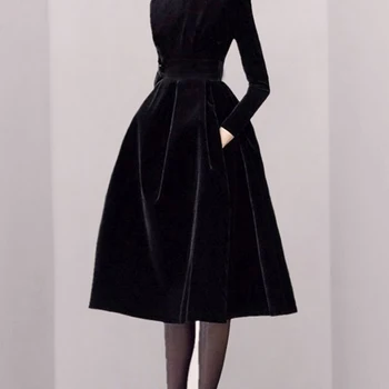 Hepburn Must Elegantne Pool Kleit Pall Kleit Pikk Midi Kleit Vintage Kõrge Vöökoht Kevadel Samet Kleit Pluss Suurus Kõrge Kaelusega B852