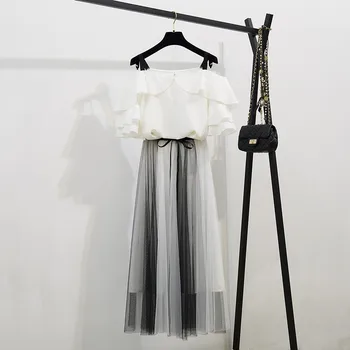 ICHOIX 2 Tükki, komplekti naiste korea stiilis rihm valge kleit ruffles särk 2 töö seelik (komplekt 2 tükki suvel varustus pikk seelik komplekt