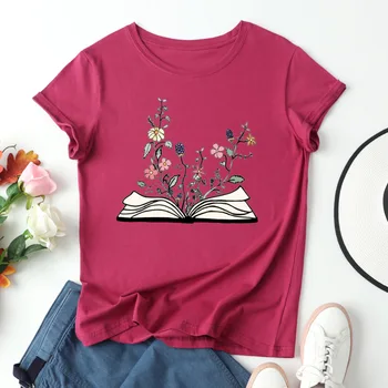 JFUNCY Pluss Suurus Tshirt Naine Graafiline Tee Tops Harajuku Lilled Raamatute Trükkimine Suvel Puuvillane Naiste Särgid, Vabaaja Naiste Rõivad