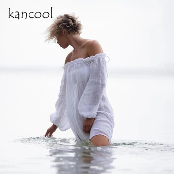 KANCOOL 2021 Cotton Beach Kleit varjata Valge Sarong Ujuda Pikad Varrukad Beachwear Maha Õla Bikiinid Naistele Katta Kuni Tuunika Uus