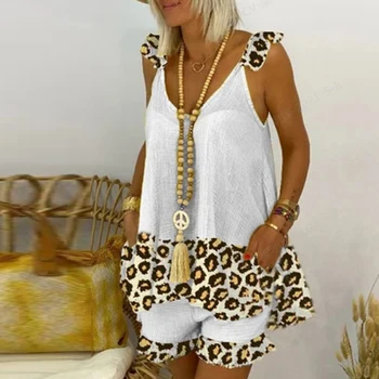 Kevadel Suvel Kahe-Osaline Komplekt, Naiste Lühikesed Püksid Retro, Leopard Printida Segast Vabaaja Rõivad Seksikas V-Kaelus Liblikas Varruka Ülemine Lady Ülikond