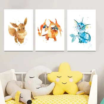 Koomiks Anime Pokemon Pikachu Akvarell Lõuendile Maali Pokemon Plakatid ja Pildid Laste Tuba Kodus Seina Decor Lapsed Kingitusi