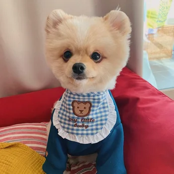 Korea armas punane ja sinine ruuduline karu tikand koera trakside pet rinnatüki sülg rätik Bichon Hiromi rinnatüki