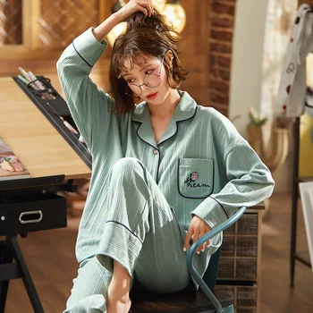 Korea Jaapani Sügisel Pidžaama Õhuke Kaste Kleit Cartoon Trükitud Schlafanzug Puuvill Keera Krae Sleepwear Komplekt Naistele