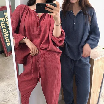 Korea Puuvill Line Kodu Ülikond Naiste Tahke Vintage Sleepwear Pehme Pidžaama Komplekt Magus Lahti Nupud Lace Up Pikad Püksid Vedada Osaline Komplekt