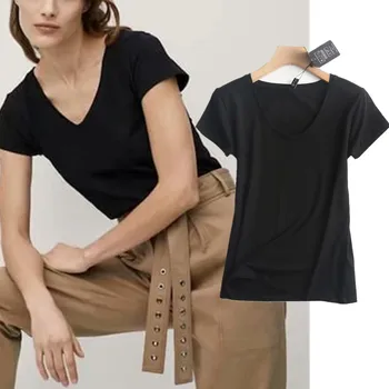 Kuivanud Inglismaa Stiilis Lihtne Tahked V-kaeluse Puuvill Basic Harajuku Tshirt Suvel T-Särk Naiste Camisetas Verano Mujer 2021 Tops