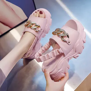 Kõrge kontsaga platvorm sandaalid 2021 uus naiste suve välimine kanda muffin super kõrge kontsaga sandaalid metallist kett ühe-sõna sandaalid