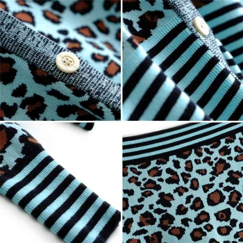 Leopard Printida Moe Silmkoelised 2 Töö Seab Naiste Kevad V-Kaeluse Nuppu, Pikk Varrukas Kampsun, + Kõrge Vöökoht Seelik Sobiks Naiste Riided