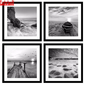 Maali diamond Must Valge Seina Art Pilte, 4 tk Kaasaegne maastik Beach Seascape tikandid Maali Paadiga Merel Päikeseloojangu decor