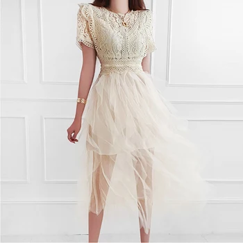 Mood Suvel Korea Vintage Lühikesed Varrukad Midi Partei Sünnipäeva Kleit Daamid Elegantne Kleit Juhuslik O-Kaelus, Seest Õõnes Pitsiline Kleit Võre
