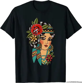 Mustlane Lady Pea-Ameerika Traditsiooniline Tätoveering Disain T-Särk